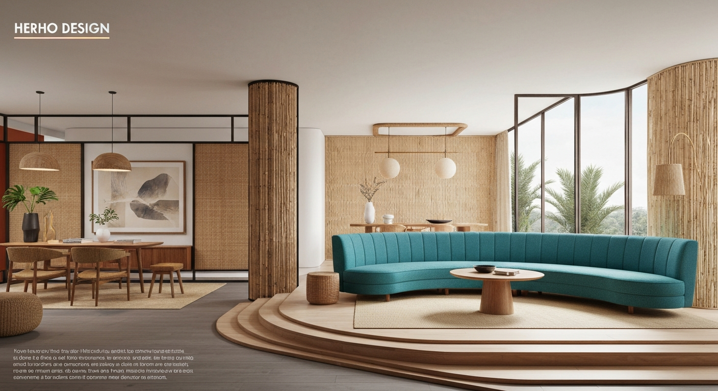 A vibrant mid-century modern virtual room design with iconic furniture.