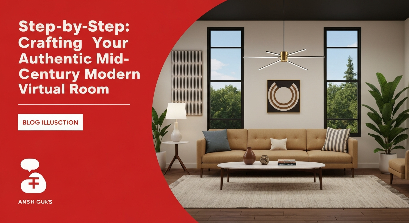 An illustration showing steps for mid century modern virtual room design.