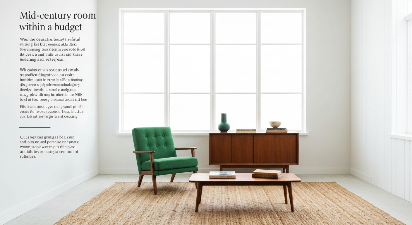 Illustration showing budgeting and sourcing for a mid century modern virtual room design.