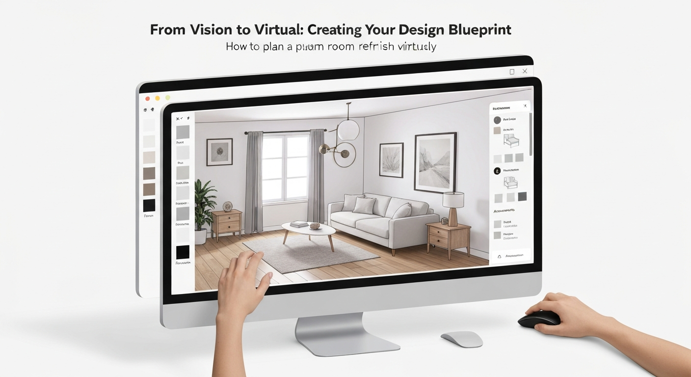 Illustration showing the process of planning a room refresh virtually, from vision to blueprint.