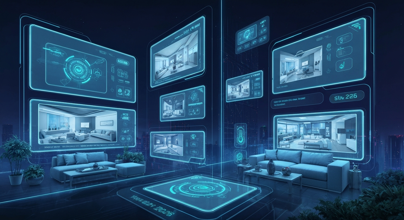 Modern living space with digital overlays representing AI interior design statistics and market growth 2026.