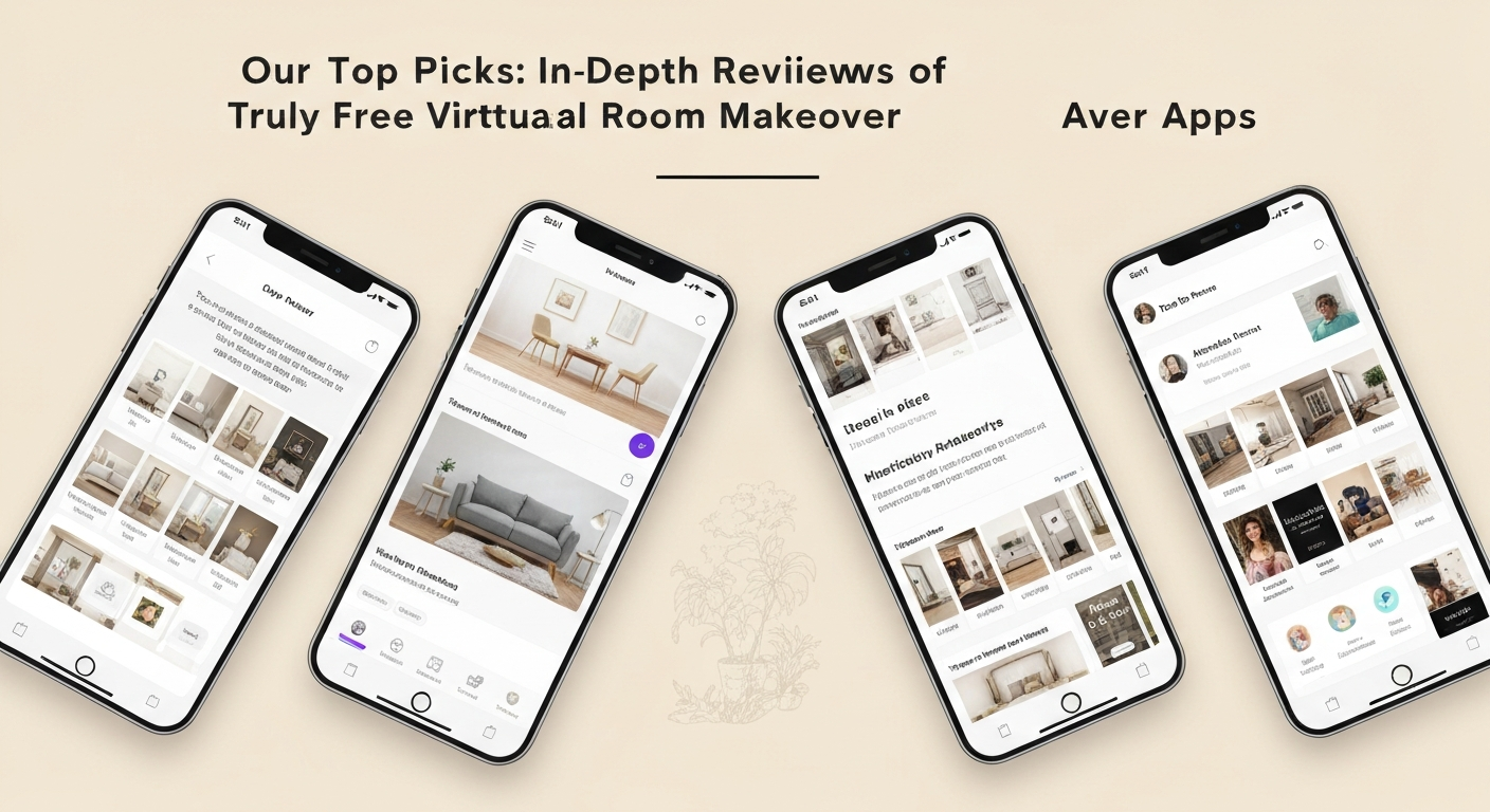 Illustration of screens showing various free virtual room makeover app reviews.
