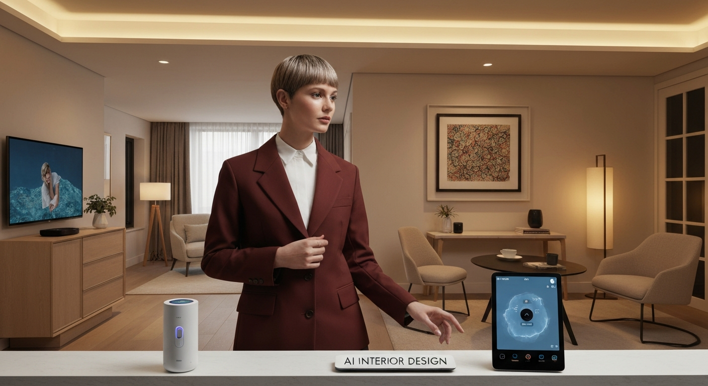 Digital rendering of a stylish living space, showcasing AI interior design technology.