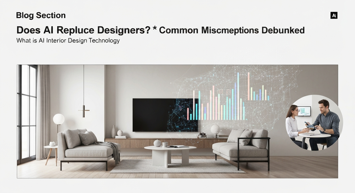 An illustration depicting a human designer working alongside AI interior design technology.