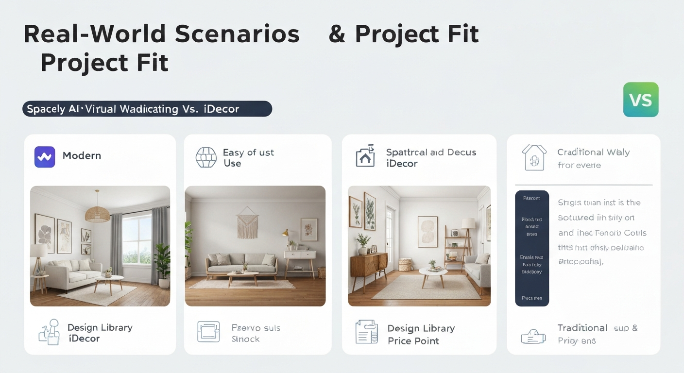 Illustration comparing Spacely AI vs iDecor for virtual staging in real-world scenarios.