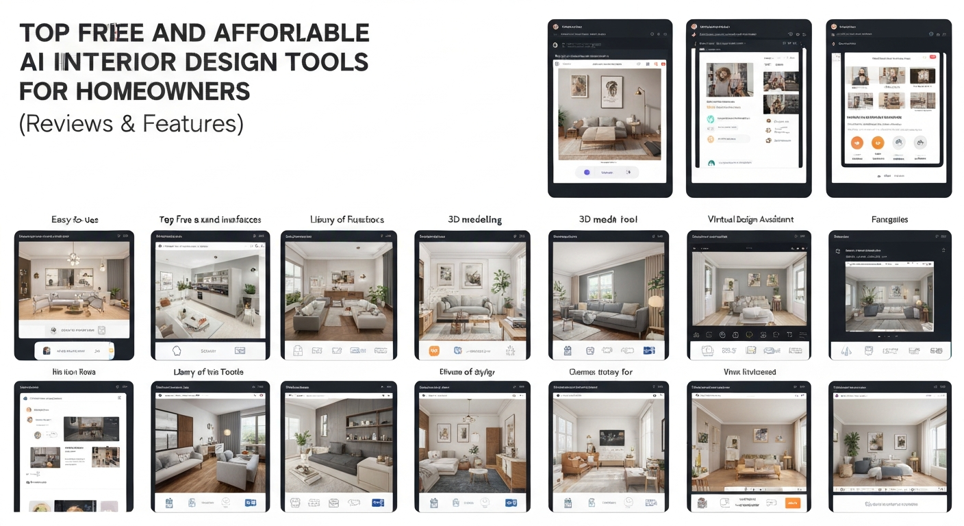 Graphic illustrating top free and affordable AI interior design tools for homeowners.