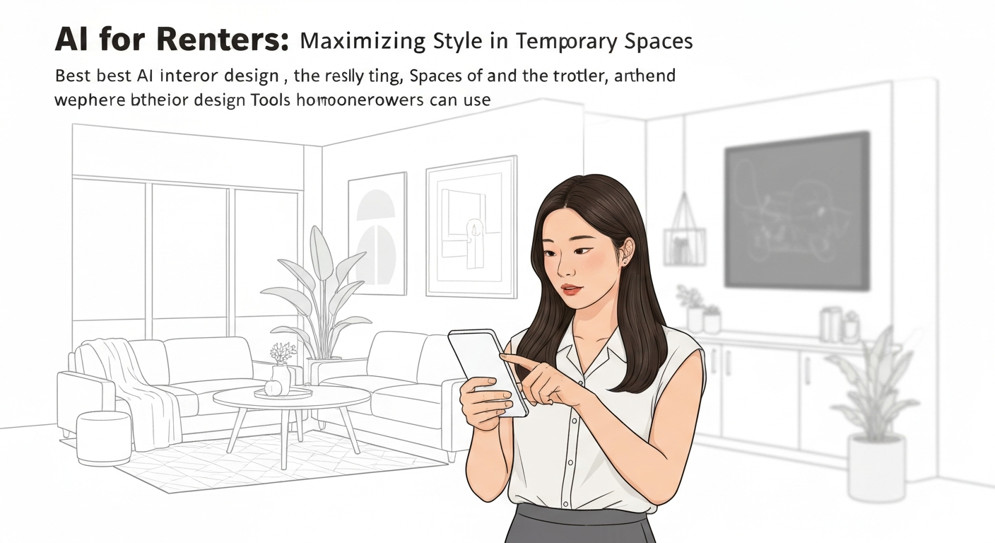 Illustration of a renter using AI interior design tools to style a temporary apartment.