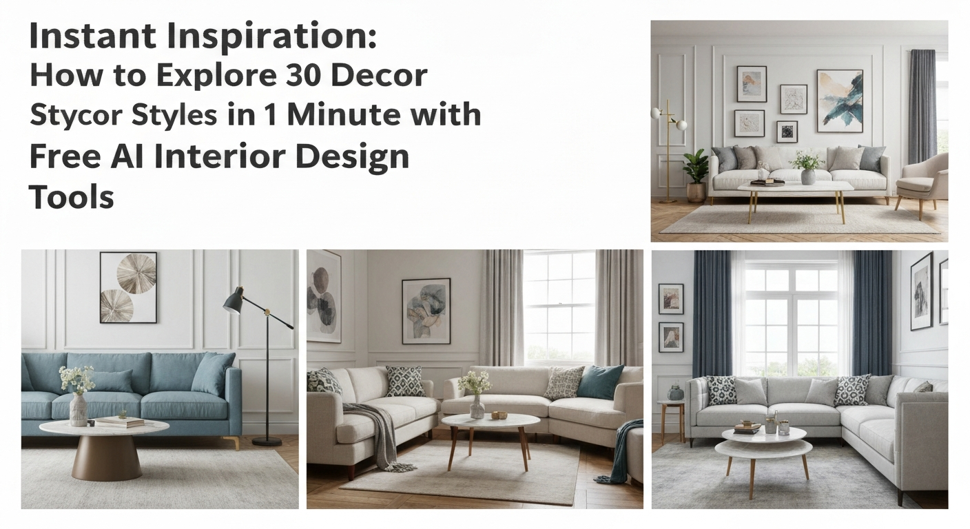 A digital interface displaying instant inspiration for 30 decor styles using AI tools.