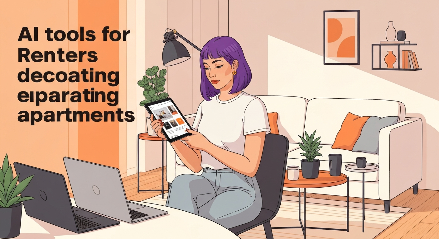 A tablet screen displays AI tools for renters decorating apartments.