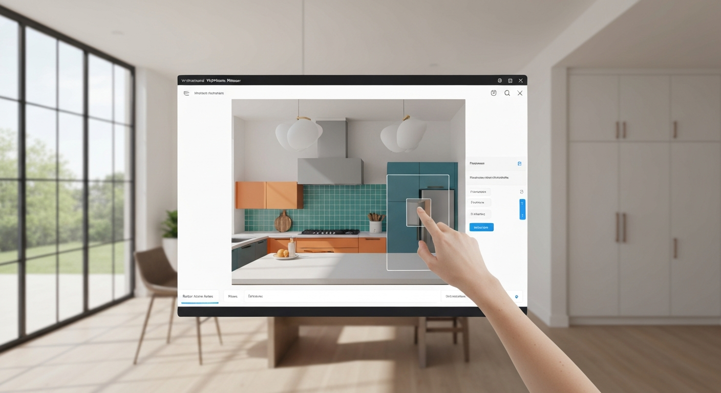 A computer screen displays a modern kitchen design using a virtual kitchen remodel planner free.