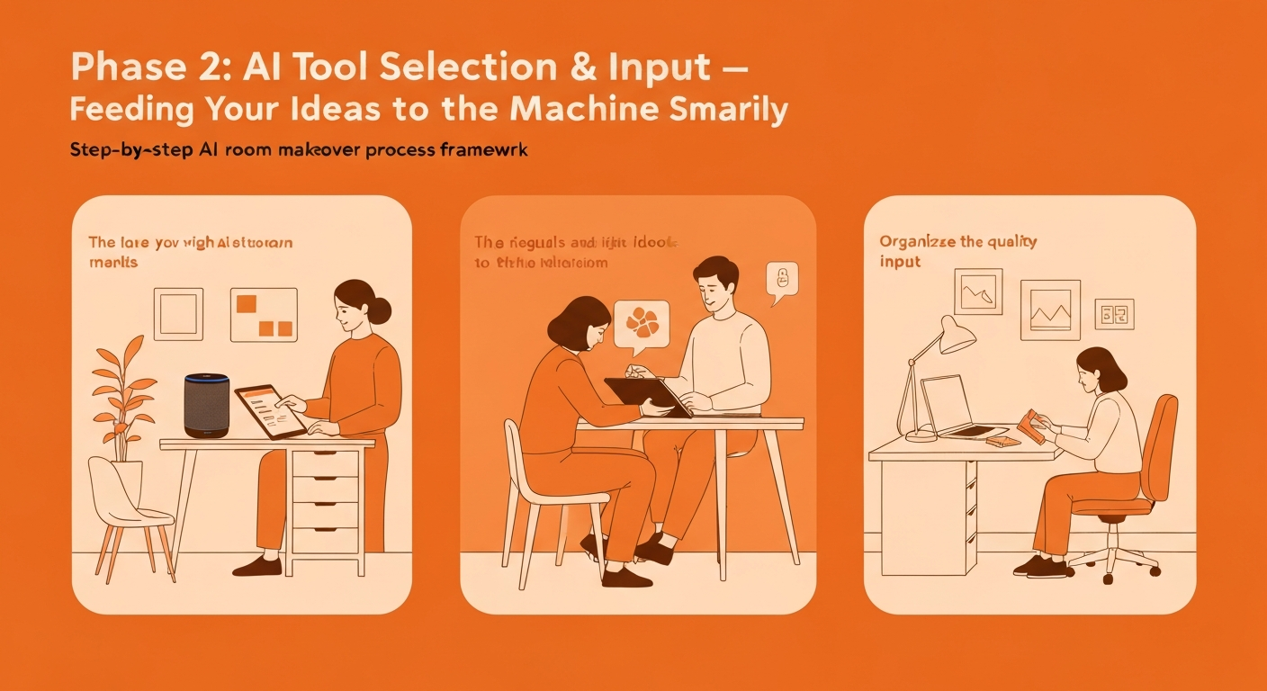Illustration of a person feeding design ideas into an AI tool for room makeovers.
