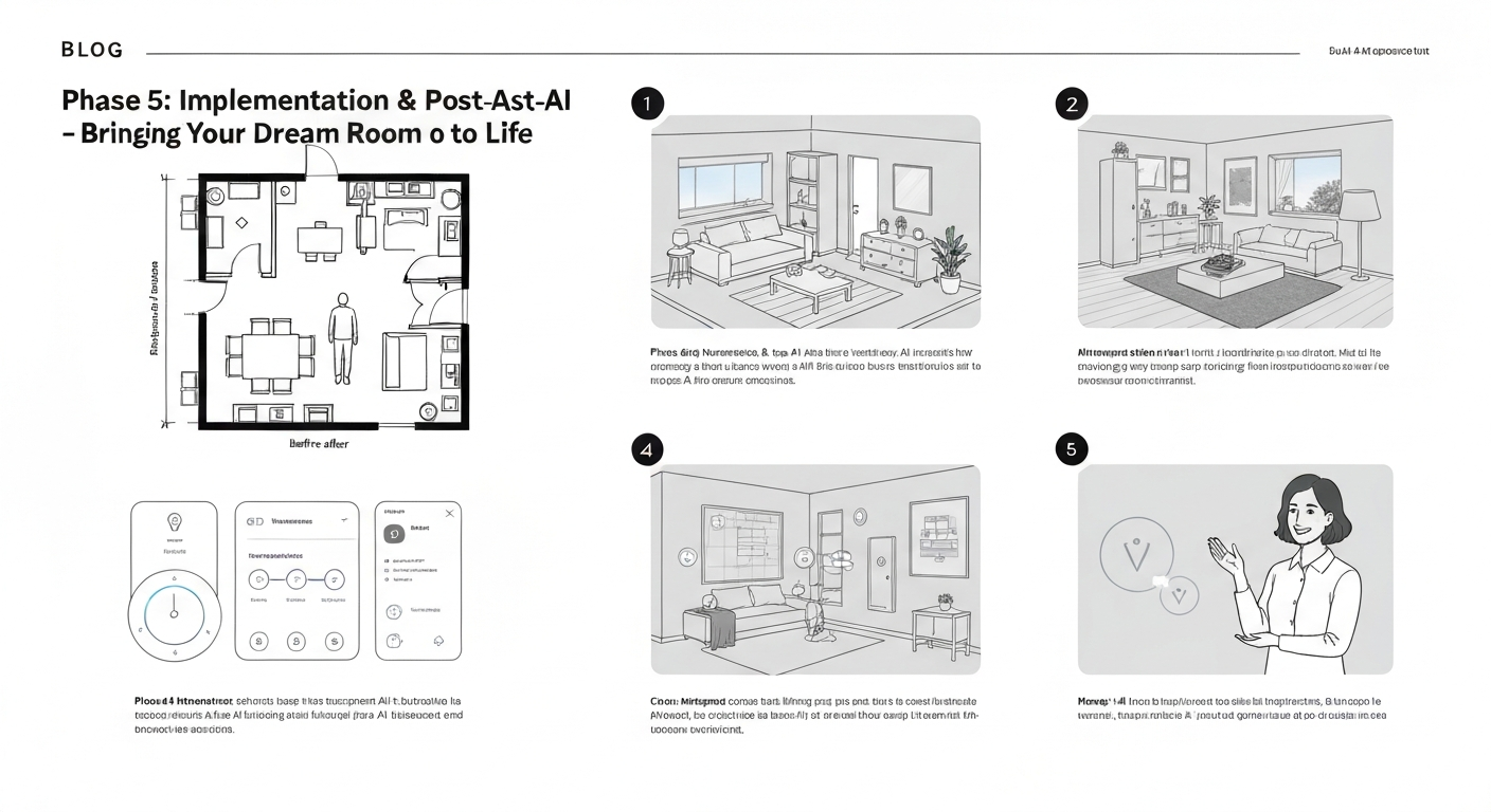 Illustration showing the implementation of the step by step AI room makeover process framework.