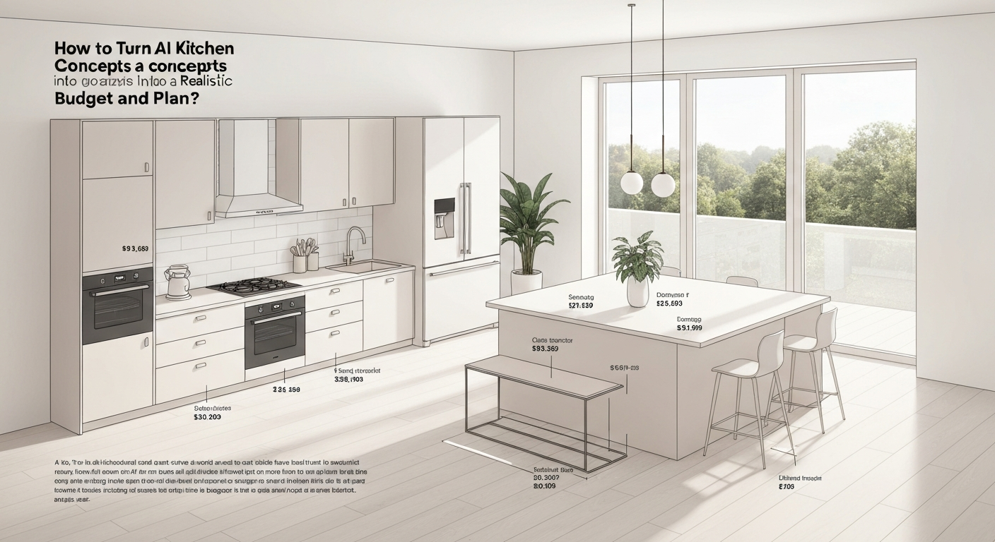 Illustration of a person planning a budget for AI generated interior design ideas kitchen.