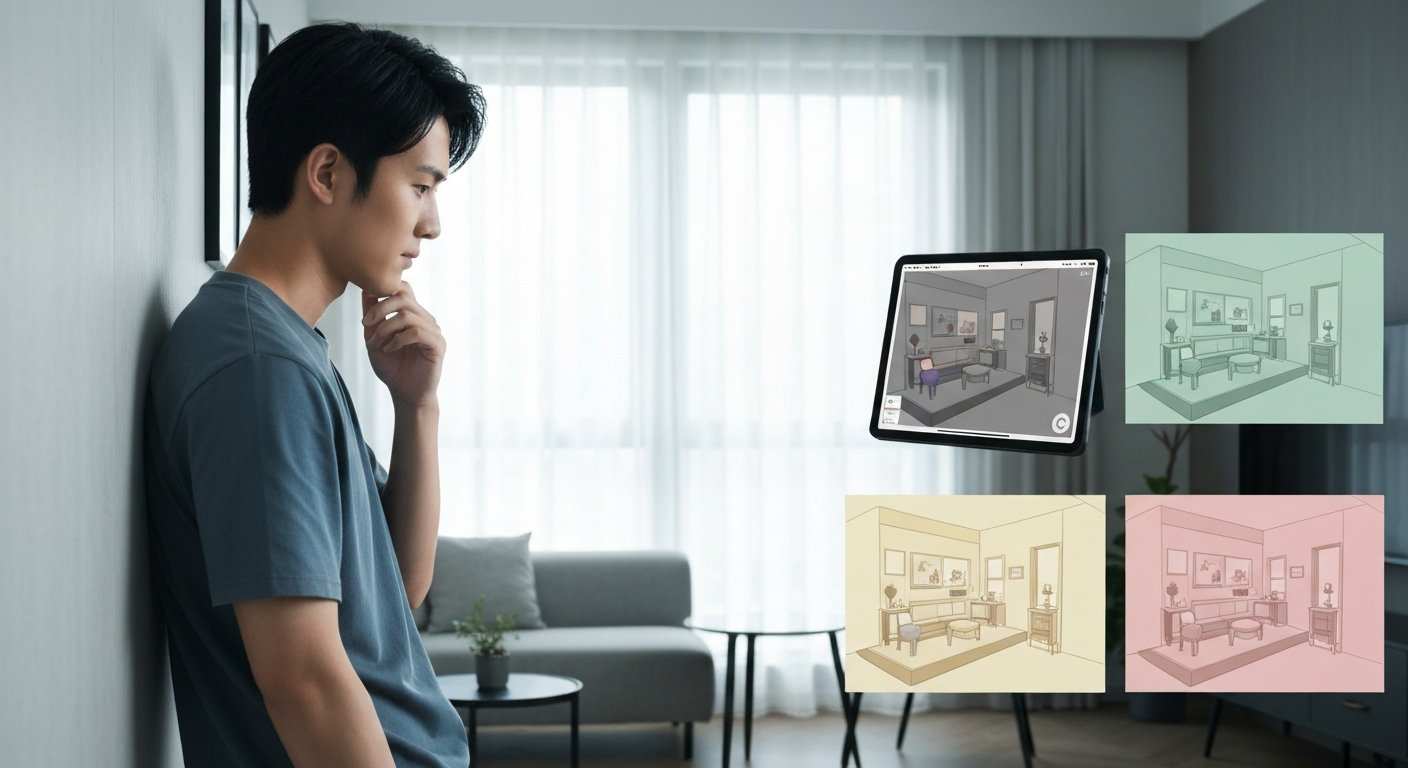 Digital rendering of a living room demonstrating how AI helps visualize room changes.