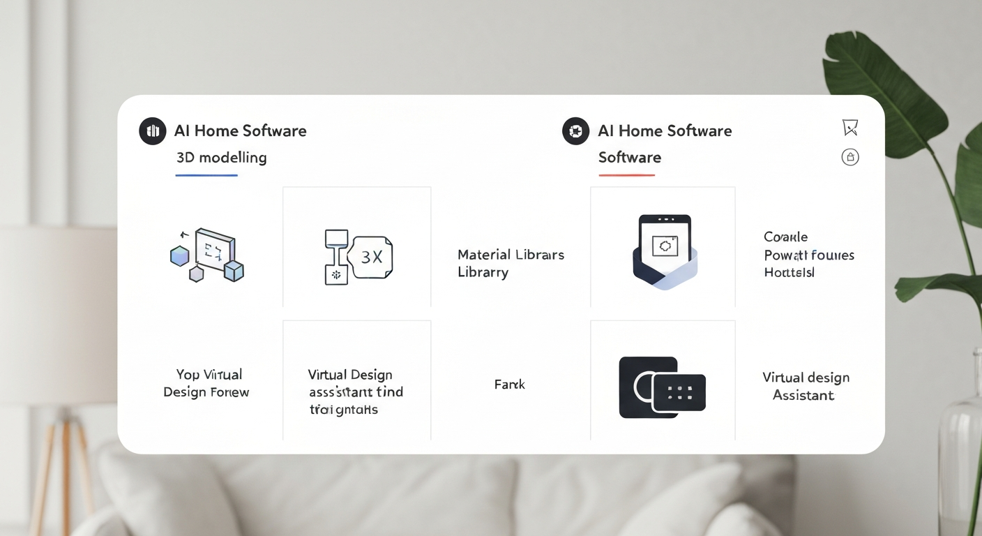 Illustration showing a side-by-side comparison of AI home design software features.