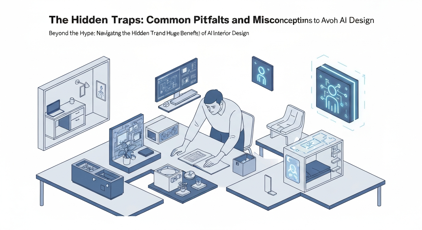 Illustration showing hidden traps and common pitfalls in AI interior design.