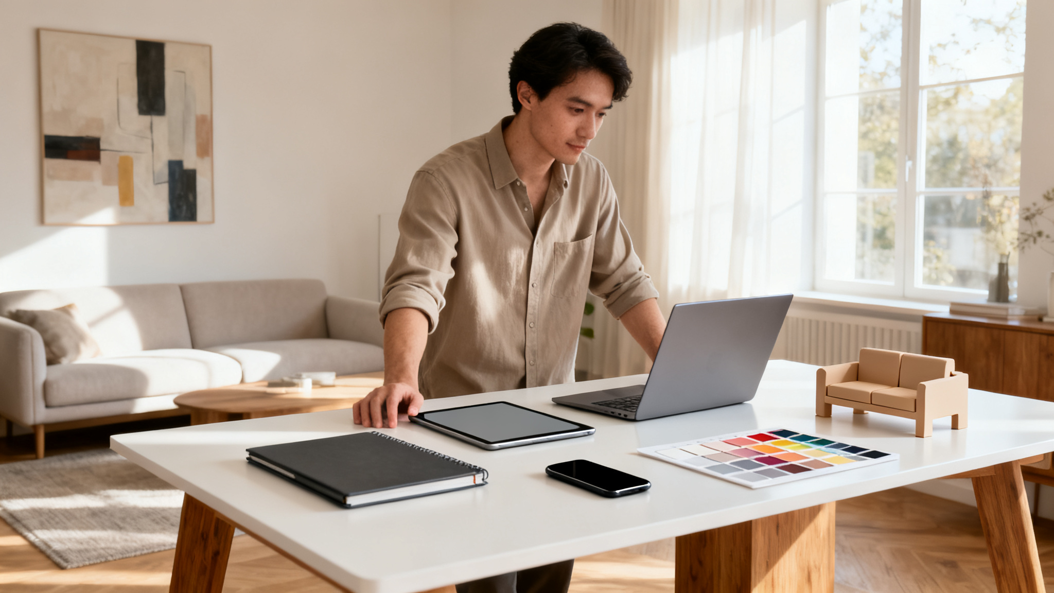 A person using AI interior design tools on a tablet for their home.