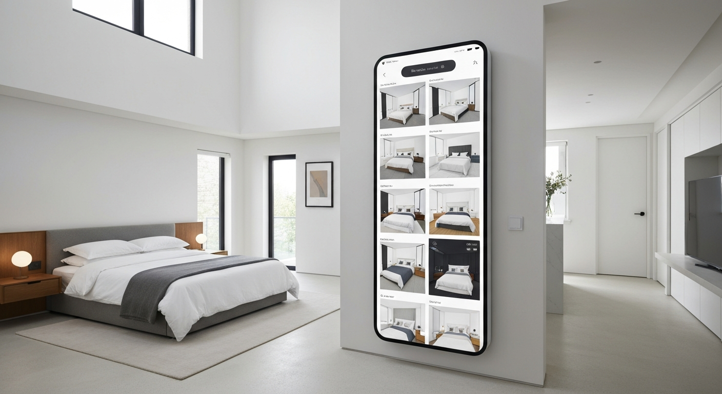 A bedroom with AI design software on a screen, demonstrating redesign steps.