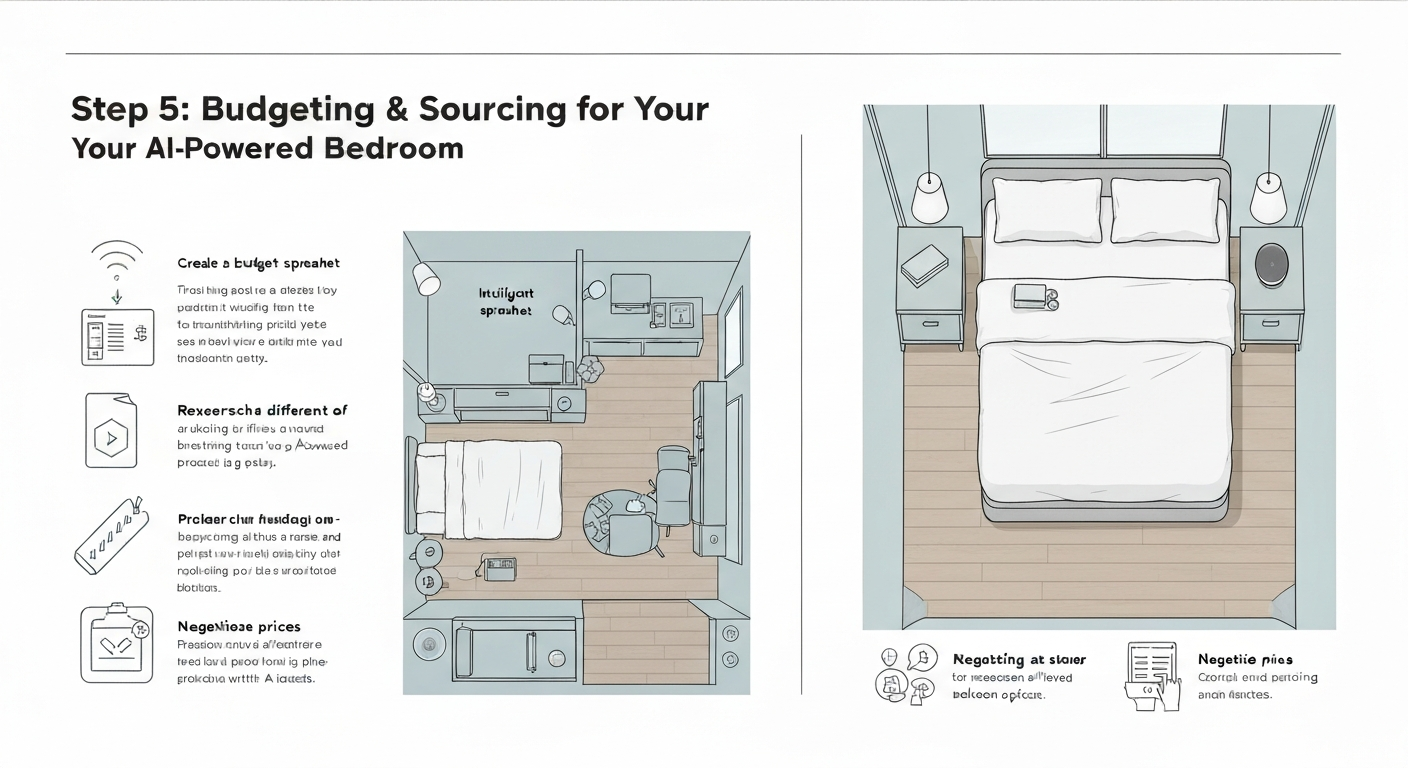 Illustration depicting budgeting and sourcing materials for an AI-powered bedroom redesign.