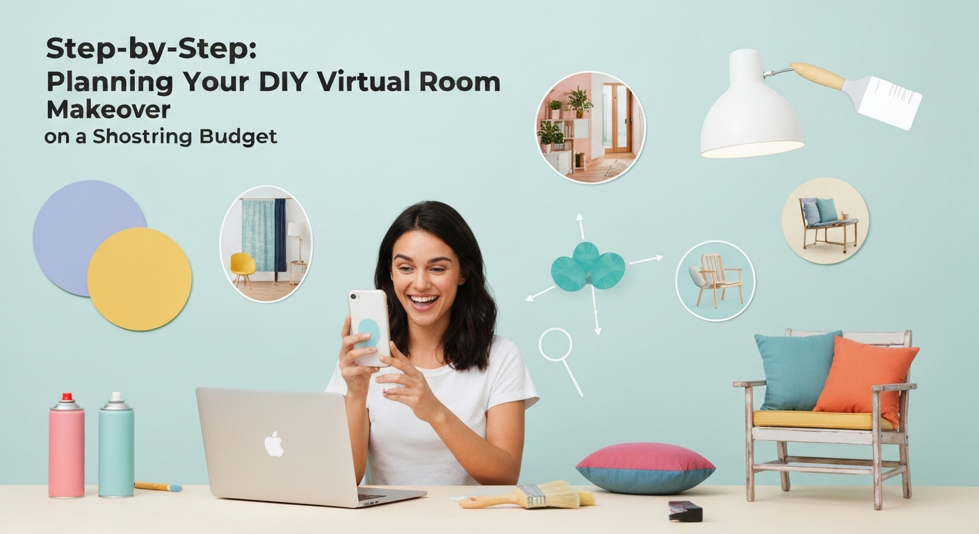 Illustration showing steps for a DIY virtual room makeover on a budget.