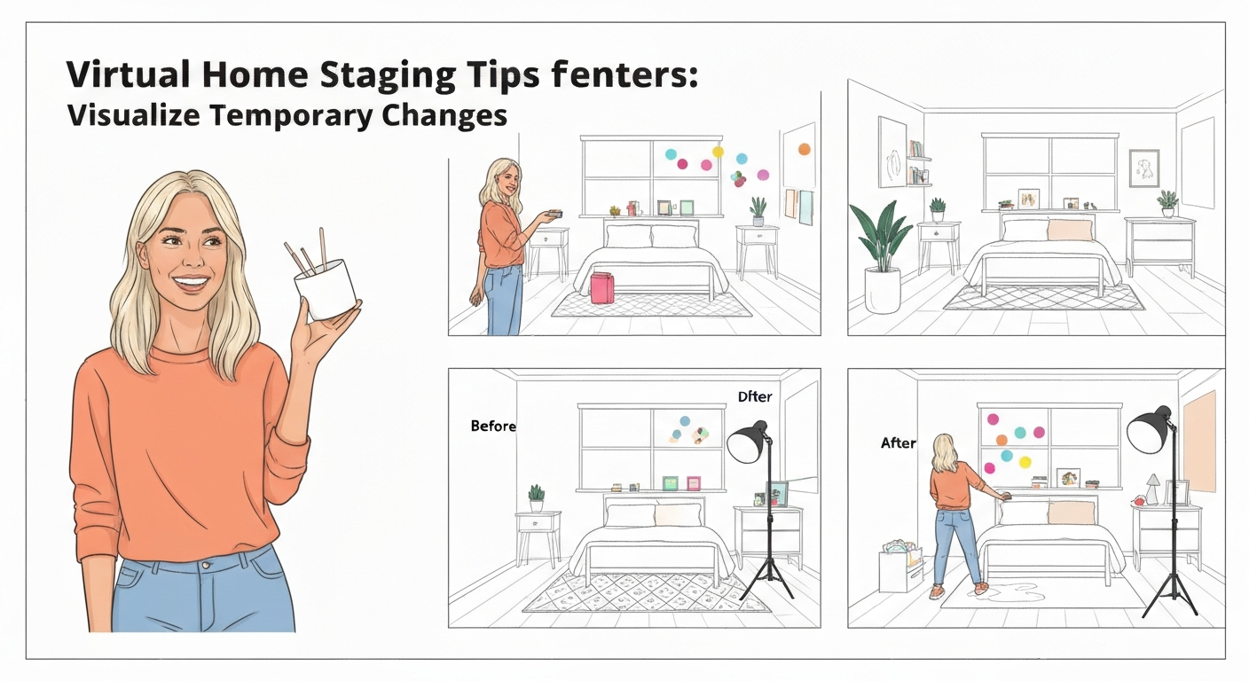 Illustration showing a renter visualizing DIY virtual room makeover tips on a budget.
