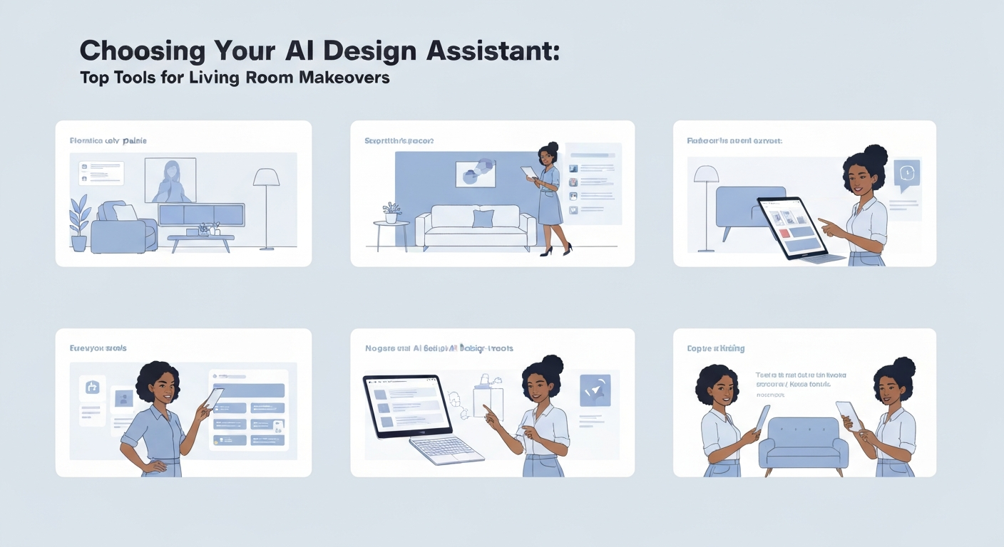 Illustration of various AI tools for a living room design tutorial.