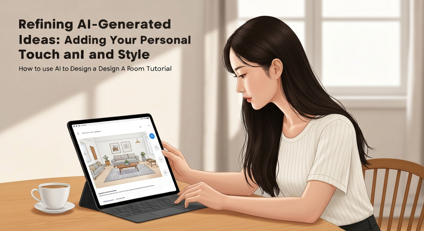 Illustration of a person refining AI-generated living room designs on a tablet.