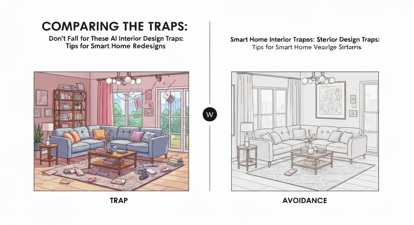 Illustration comparing AI interior design traps and tips for smart home redesigns.