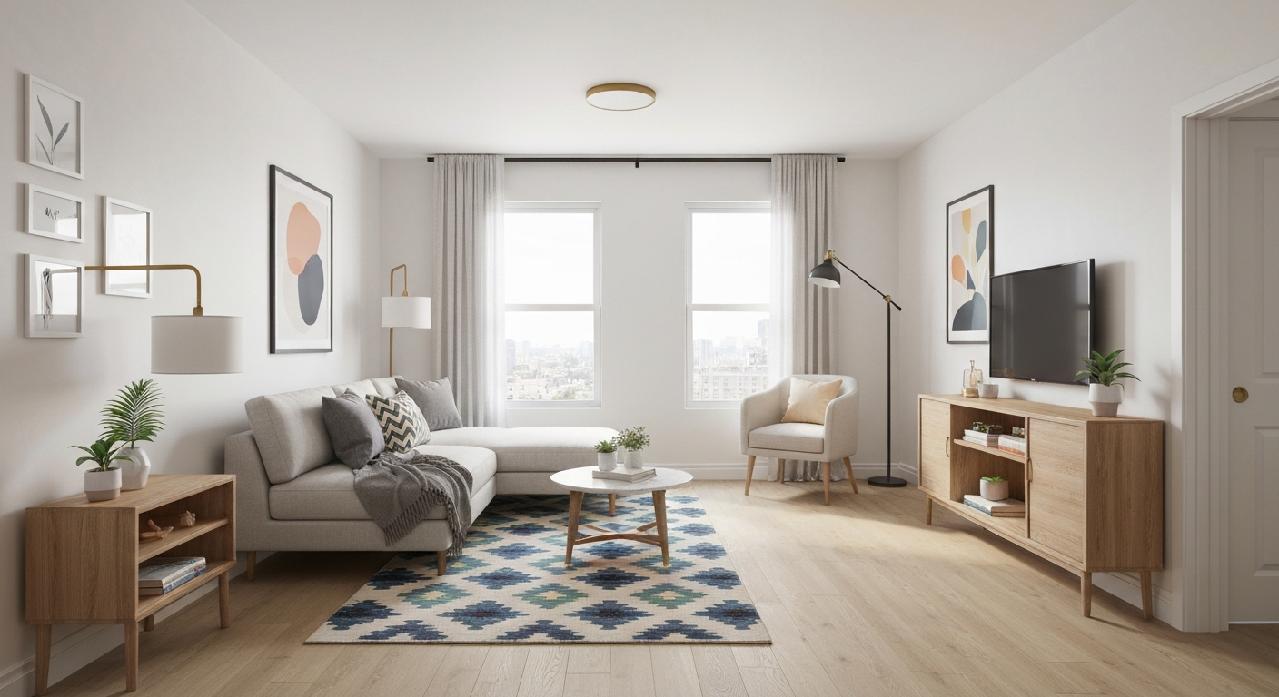 A stylish small apartment interior demonstrating virtual makeover ideas.