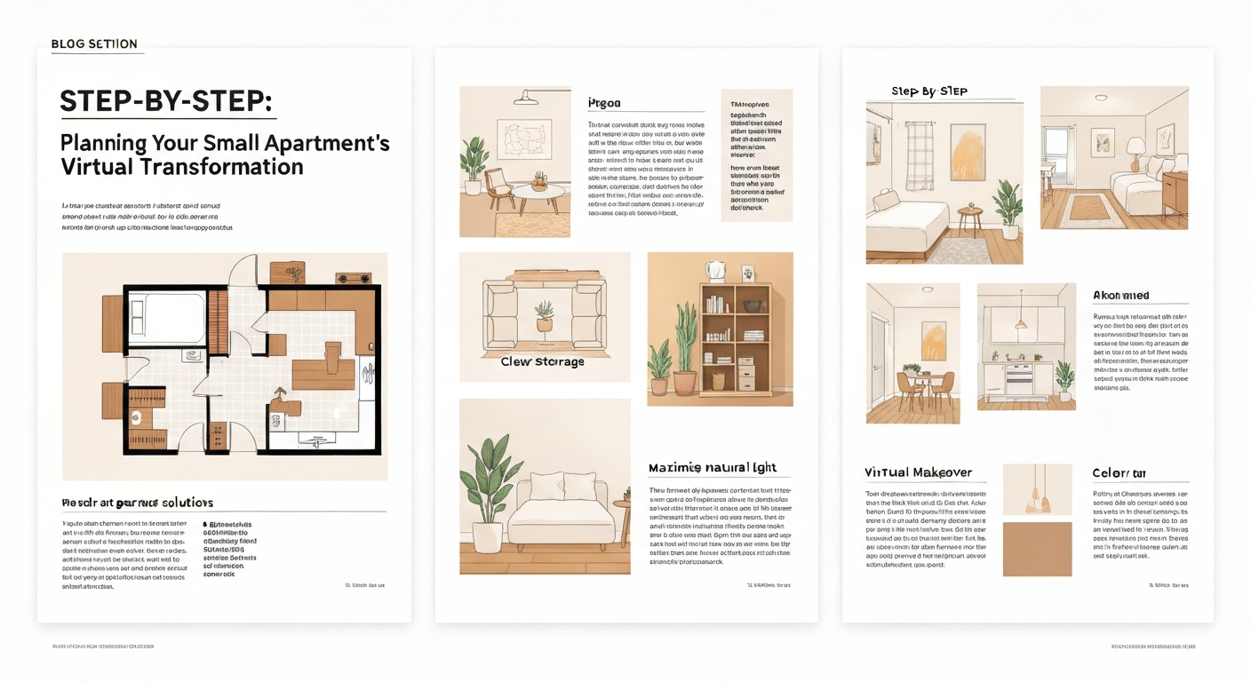 Illustration showing planning steps for small apartment virtual makeover ideas.