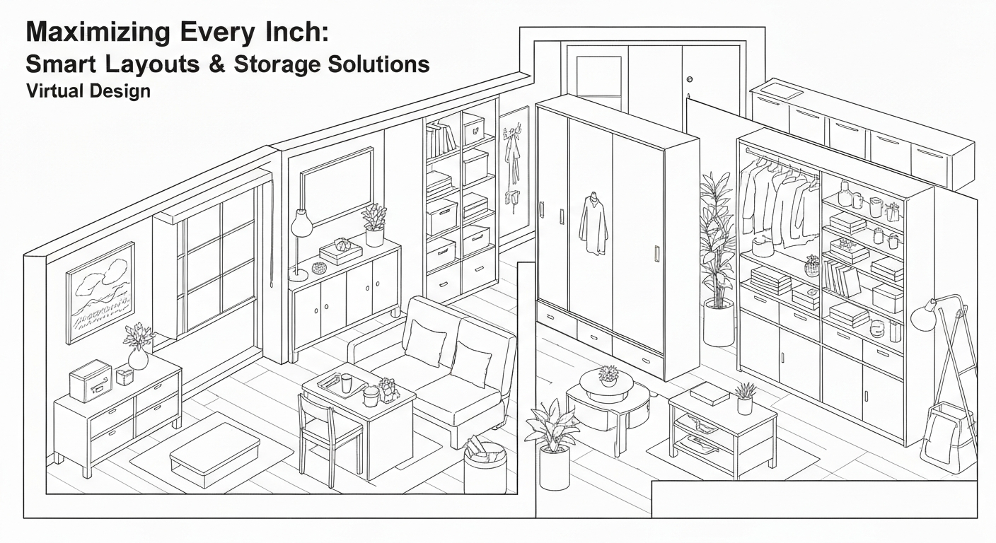 Illustration showing smart layouts and storage solutions for small apartment virtual makeover ideas.