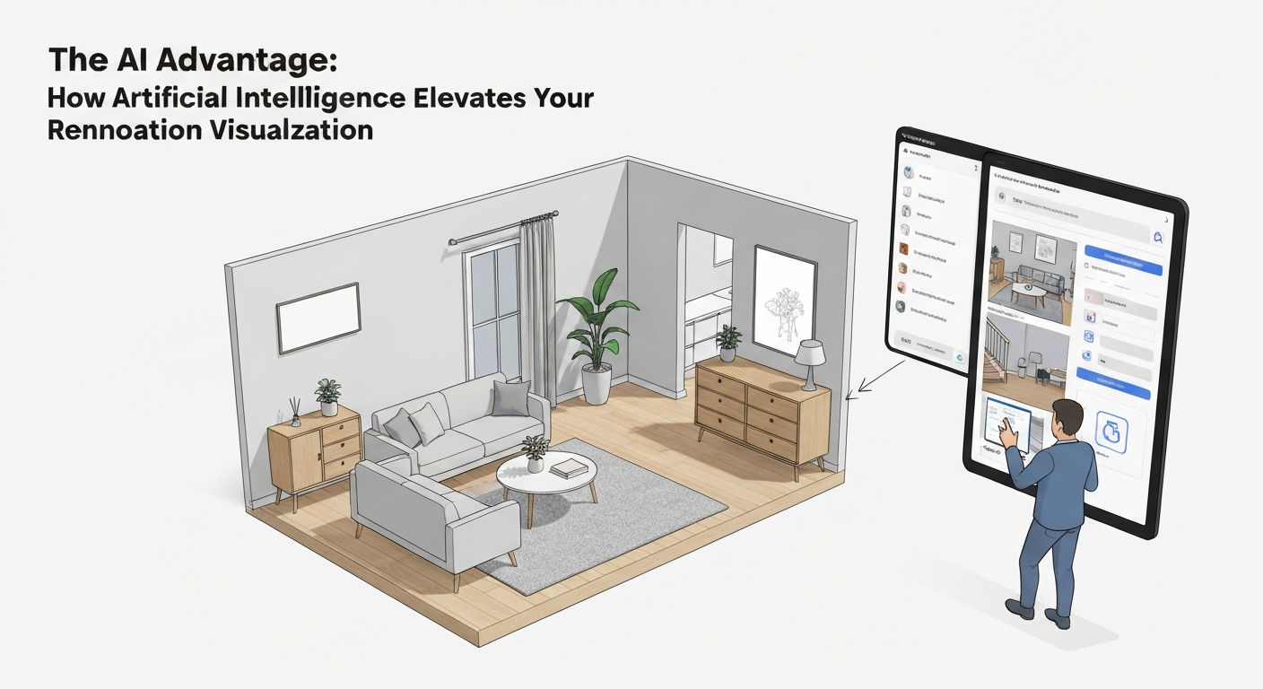 Digital illustration showing AI technology helping to visualize home renovation before starting.