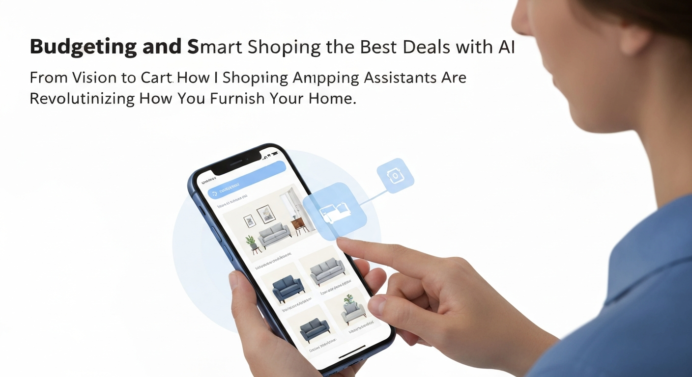 Illustration showing an AI shopping assistant helping with budgeting and smart shopping.