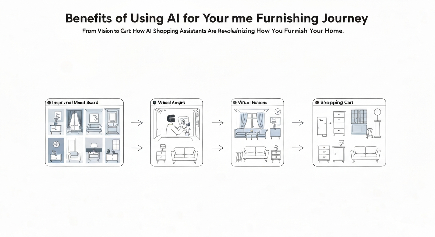 Illustration showing AI shopping assistants helping users furnish their home efficiently.