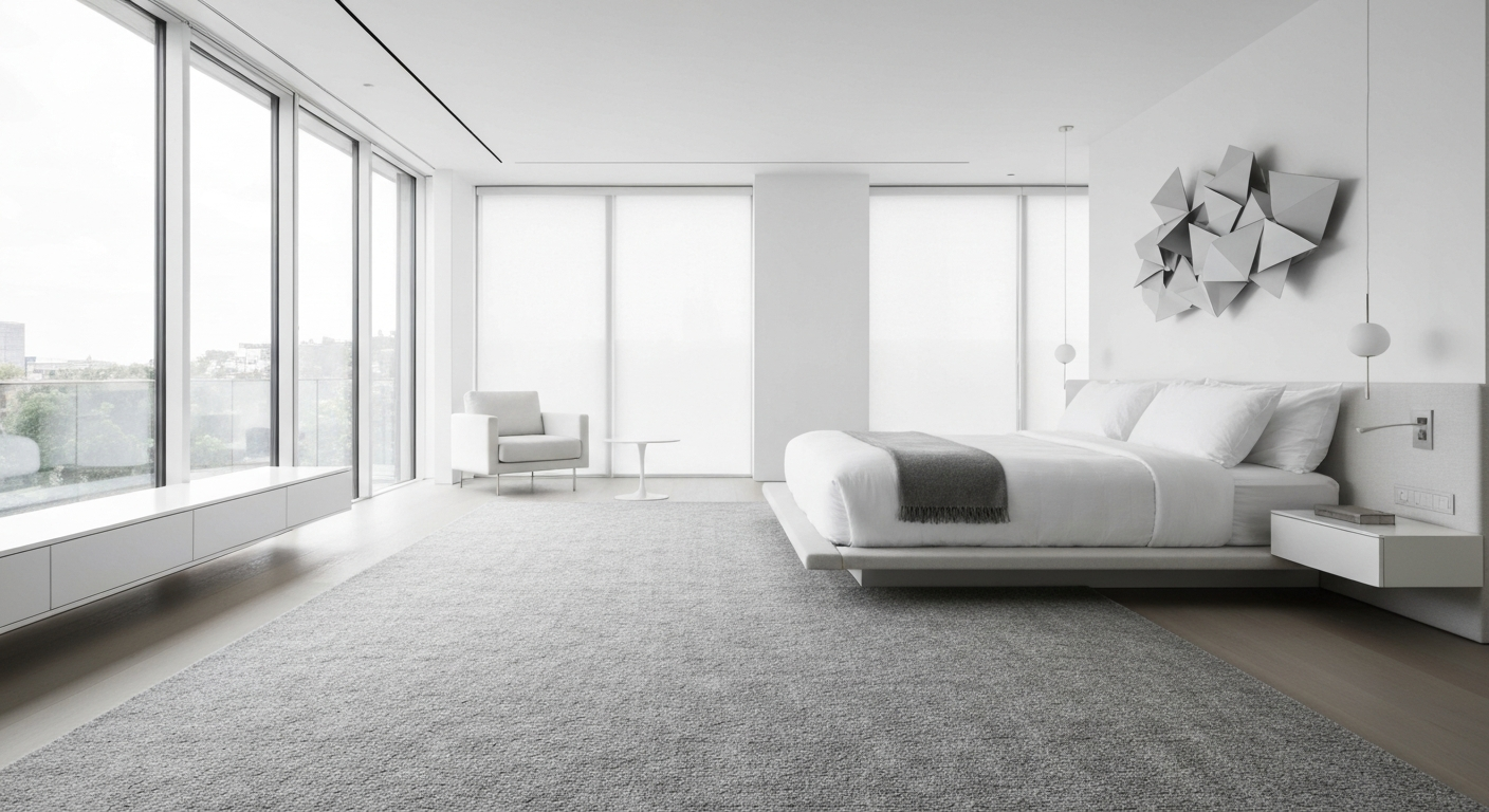 An AI-powered modern minimalist bedroom design featuring a clean, calm aesthetic.