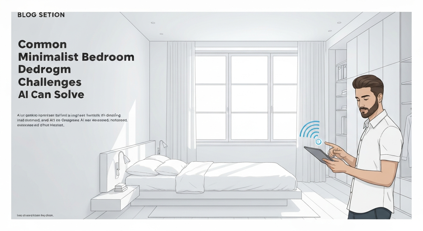 Illustration depicting modern minimalist bedroom design challenges that AI can solve.