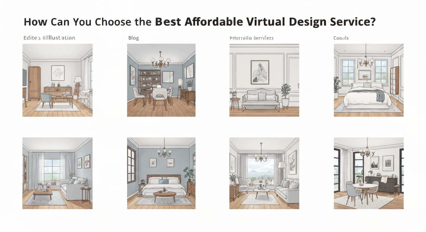 Illustration showing various options for affordable virtual room design services.