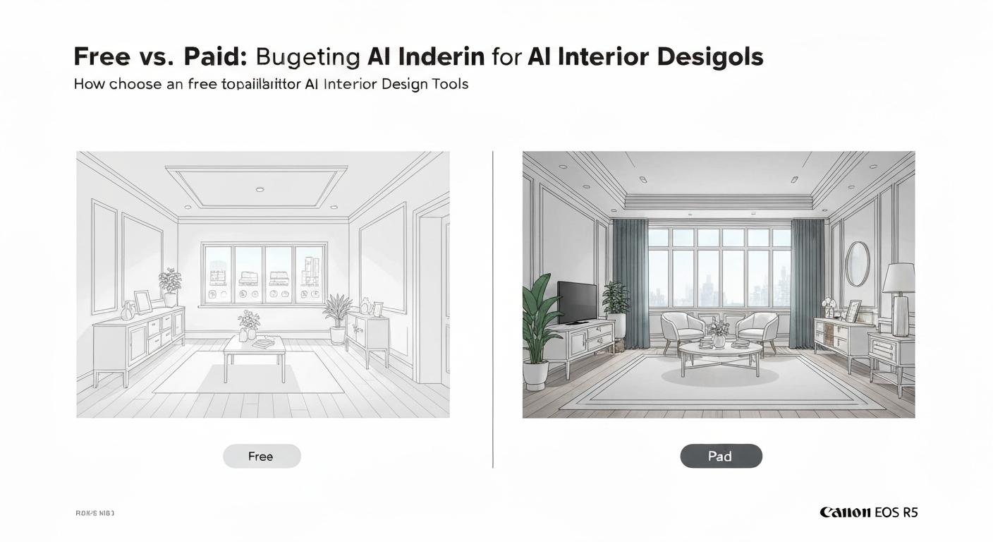 Illustration showing free versus paid budgeting options when choosing an AI interior designer.