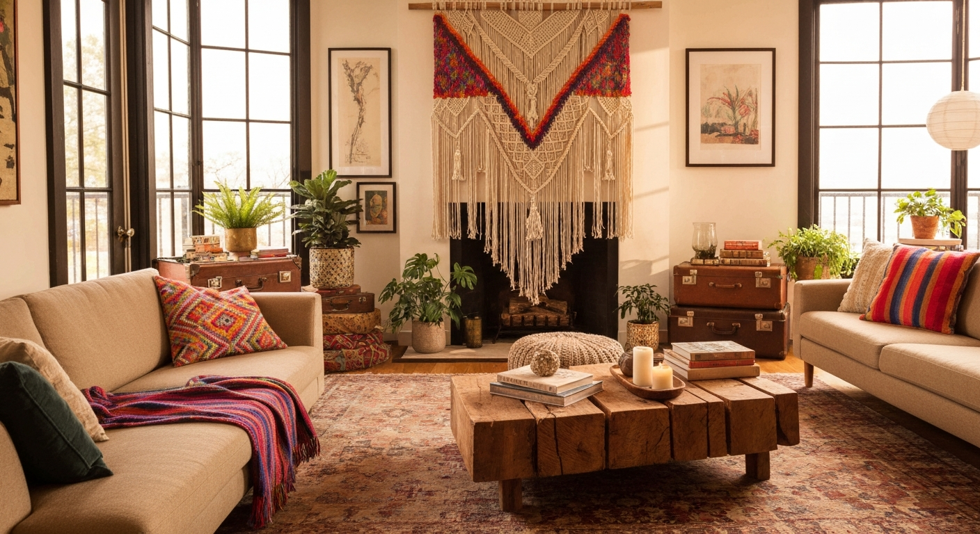 AI-generated bohemian living room inspiration featuring unique design ideas.