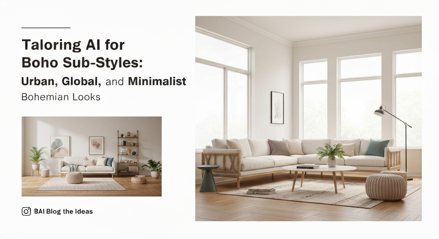 Illustration showing urban, global, and minimalist bohemian living room inspiration AI ideas.
