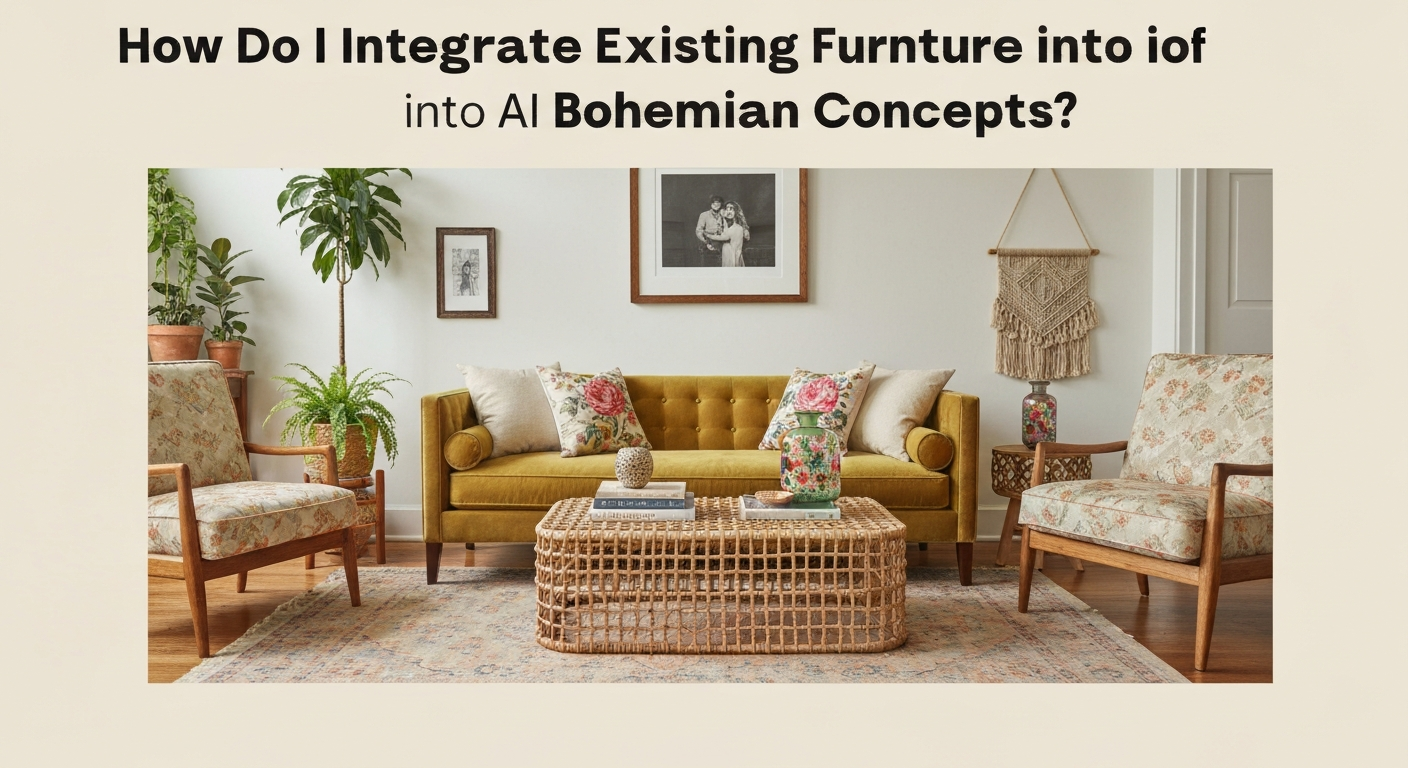 Illustration showing how to integrate existing furniture into AI bohemian living room inspiration ideas.