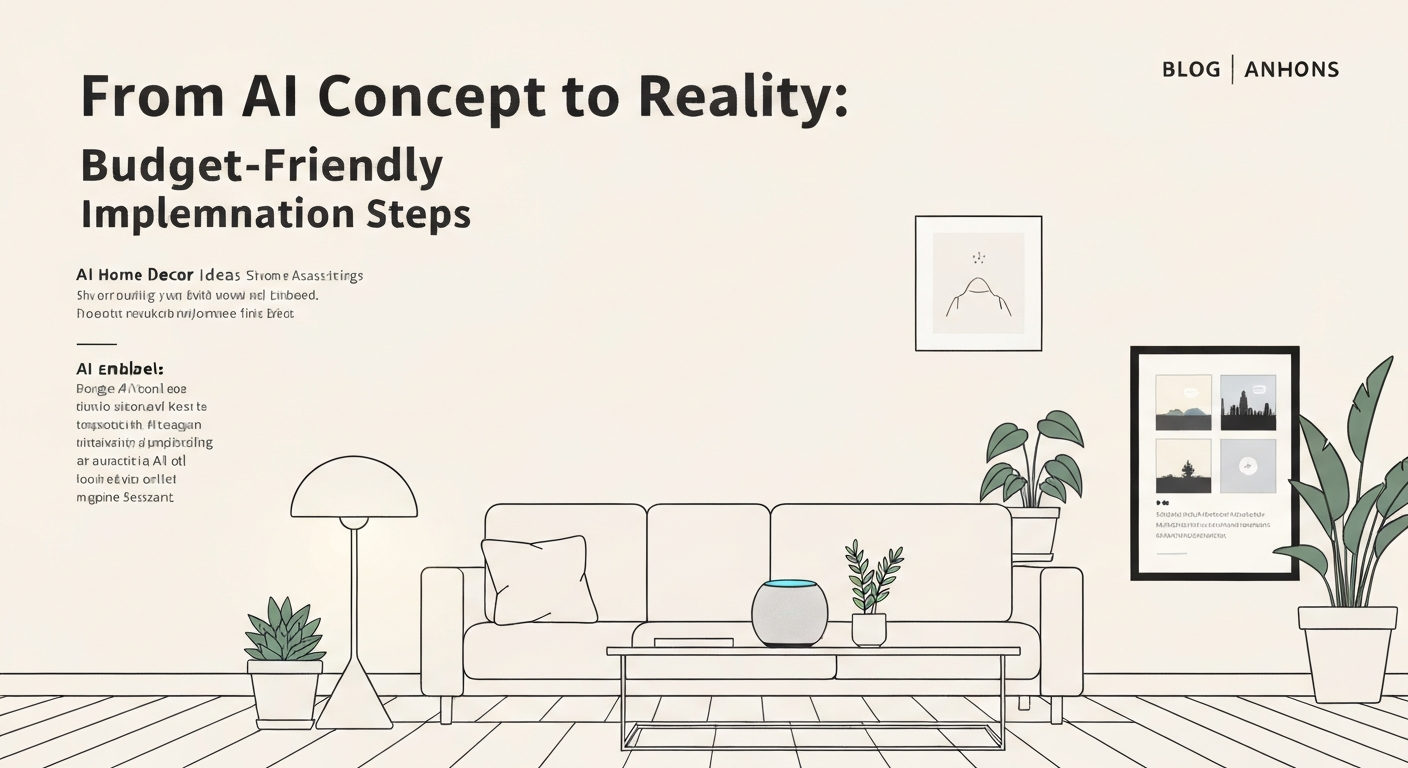 Illustration showing budget-friendly steps to implement AI home decor ideas for a living room.