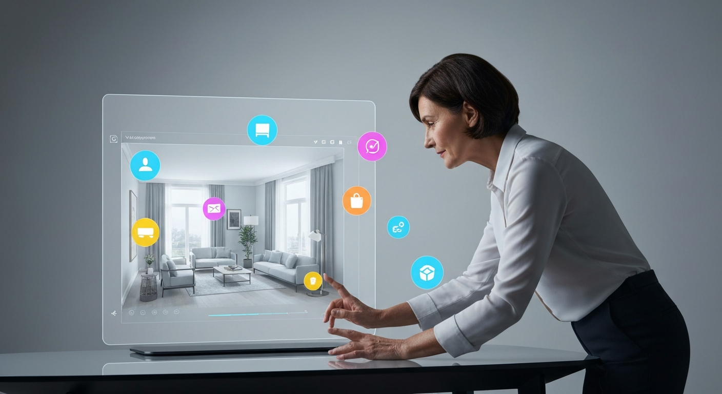 A screen shows a modern living room designed with a virtual room planner with AI suggestions.