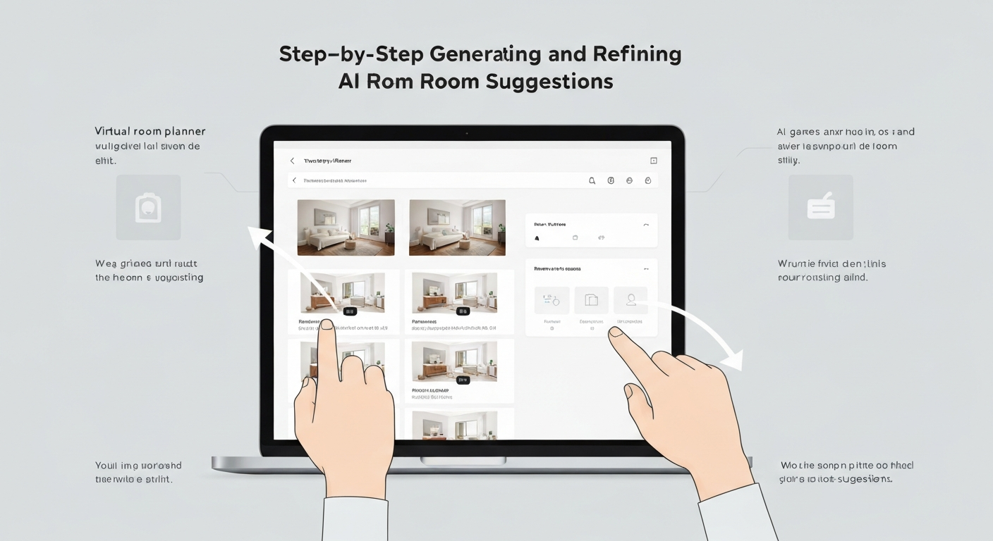 Illustration demonstrating a virtual room planner with AI suggestions for refining room designs.