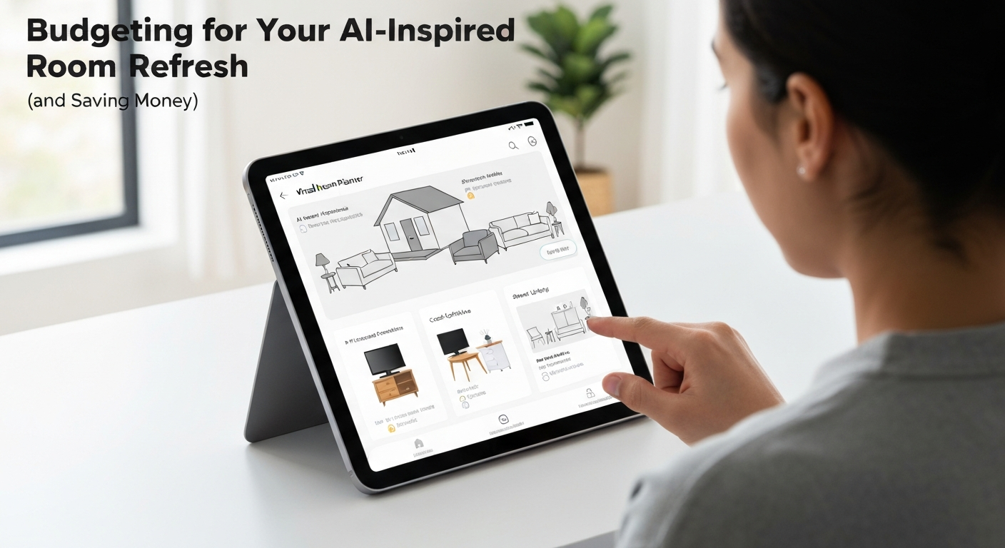 Illustration of a virtual room planner with AI suggestions for budgeting.