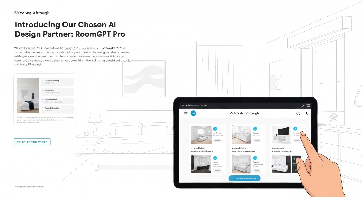 Illustration showing AI transforming a bedroom for design ideas video walkthrough.