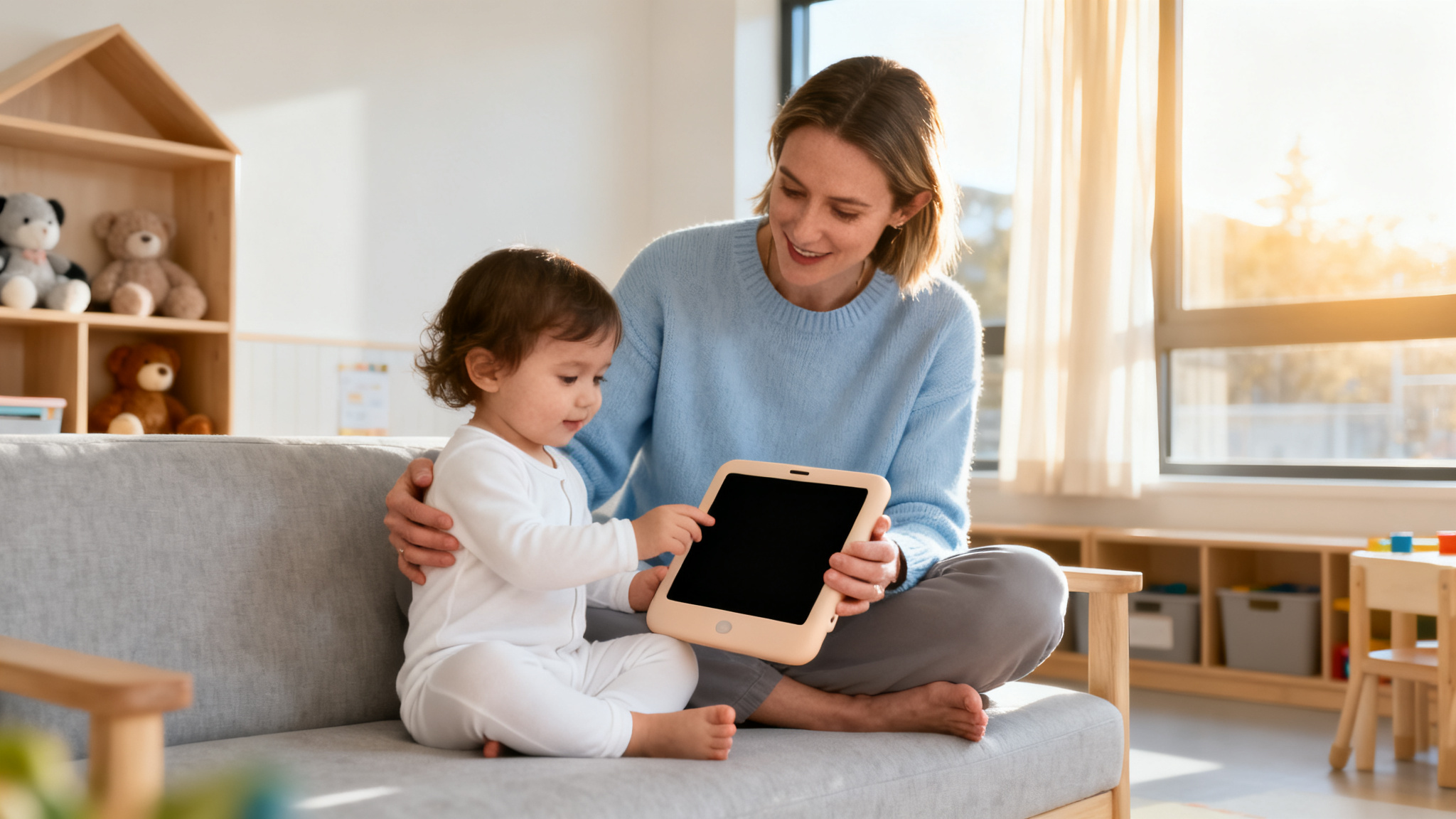 Illustration showing concerns about Human-First AI's impact on social-emotional development and screen time.