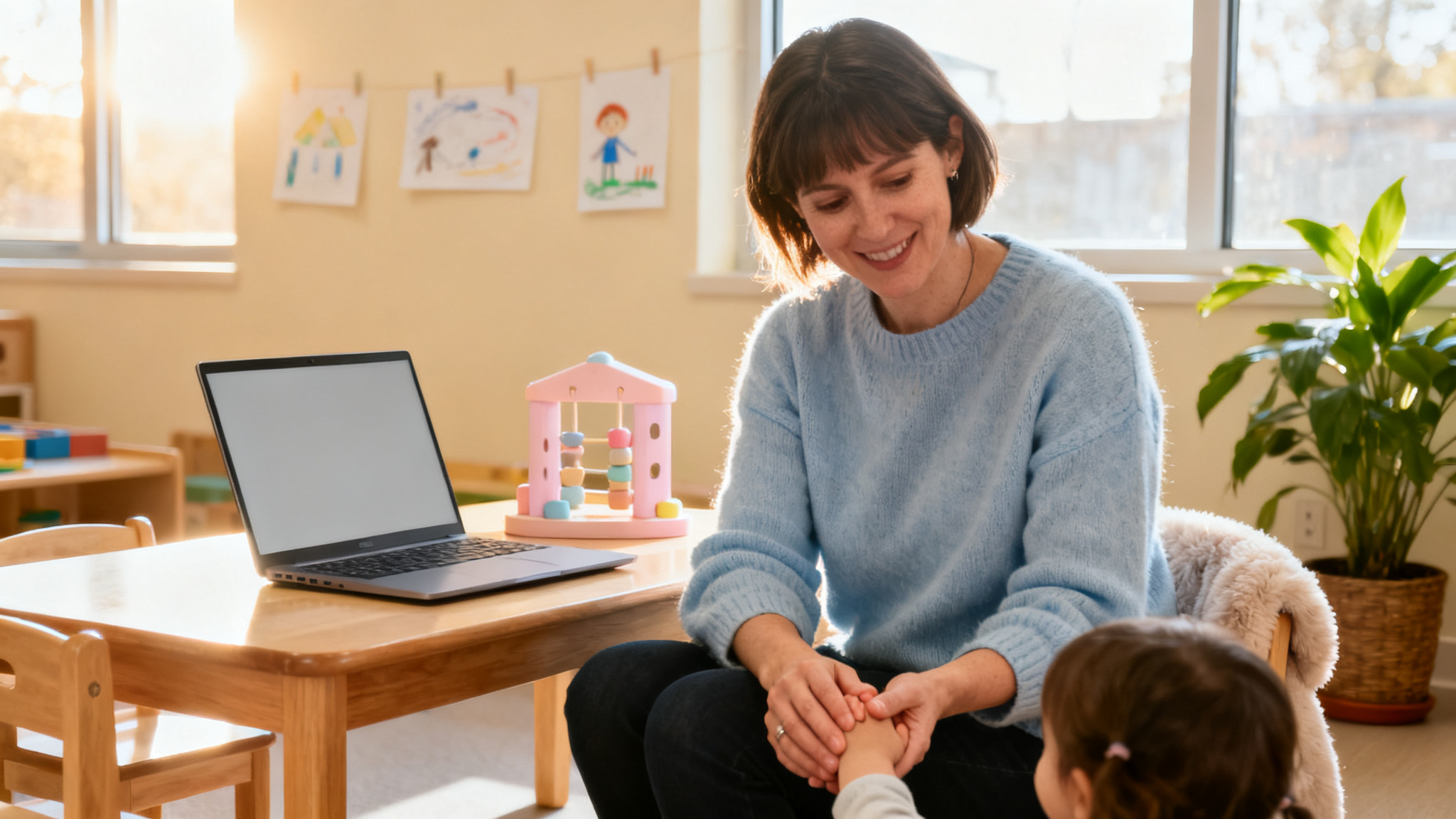 Illustration of educators evaluating human-centred AI questions in Canadian ECE classrooms.