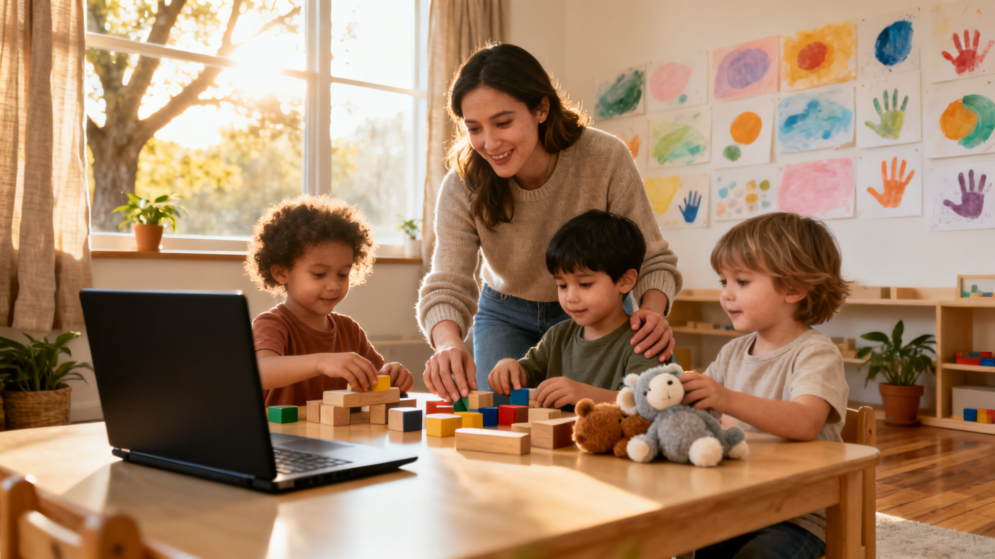 An illustration of human-centred AI assisting Canadian early childhood educators, not replacing them.