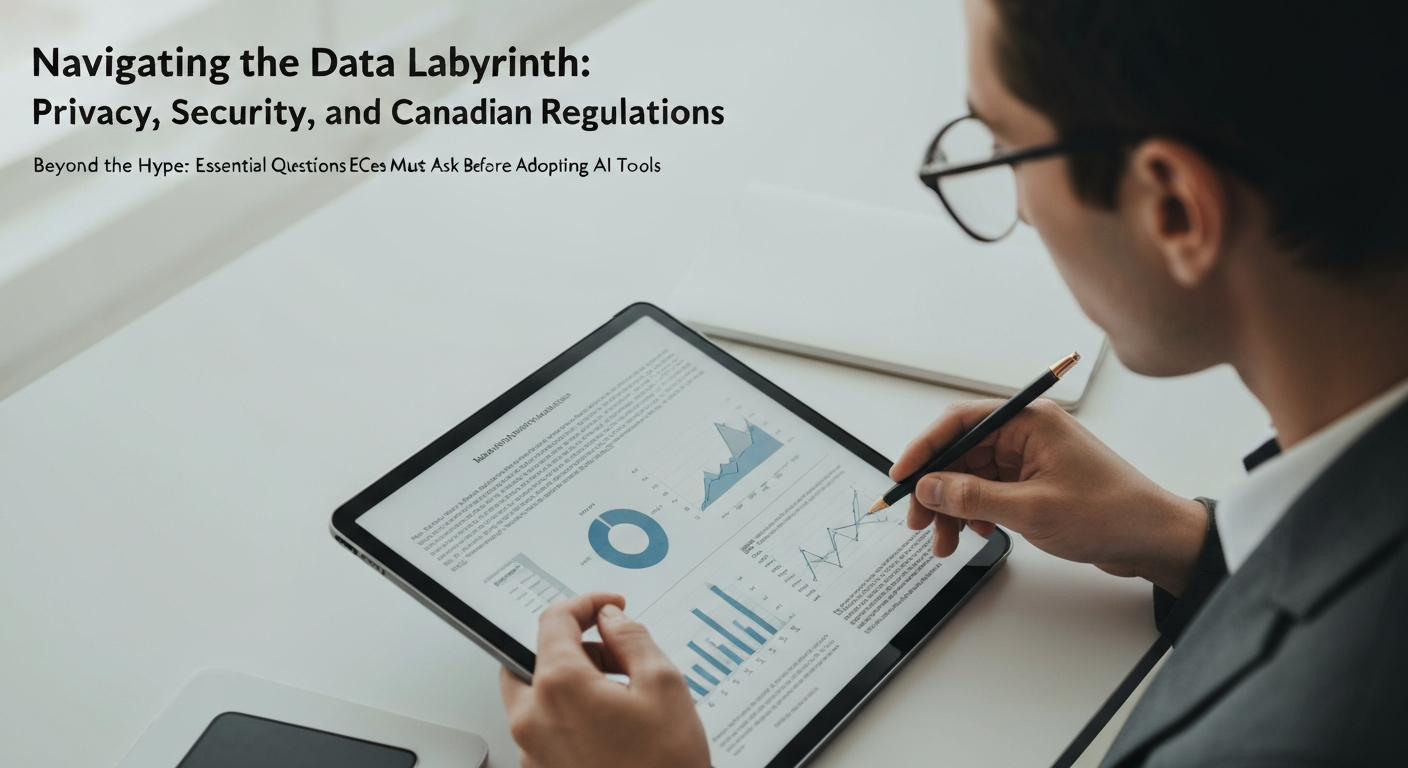 Illustration showing data privacy and security challenges for Canadian ECEs adopting AI tools.